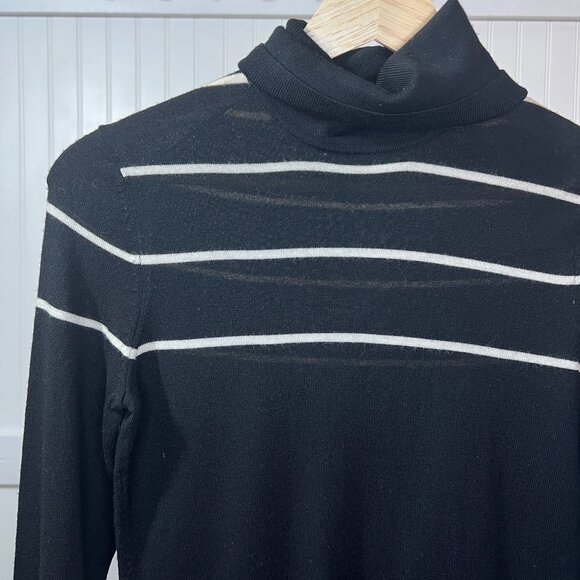 C Wonder Black Turtleneck Merino Wool Sweater White Stripe Long Sleeve Knit - Picture 1 of 10